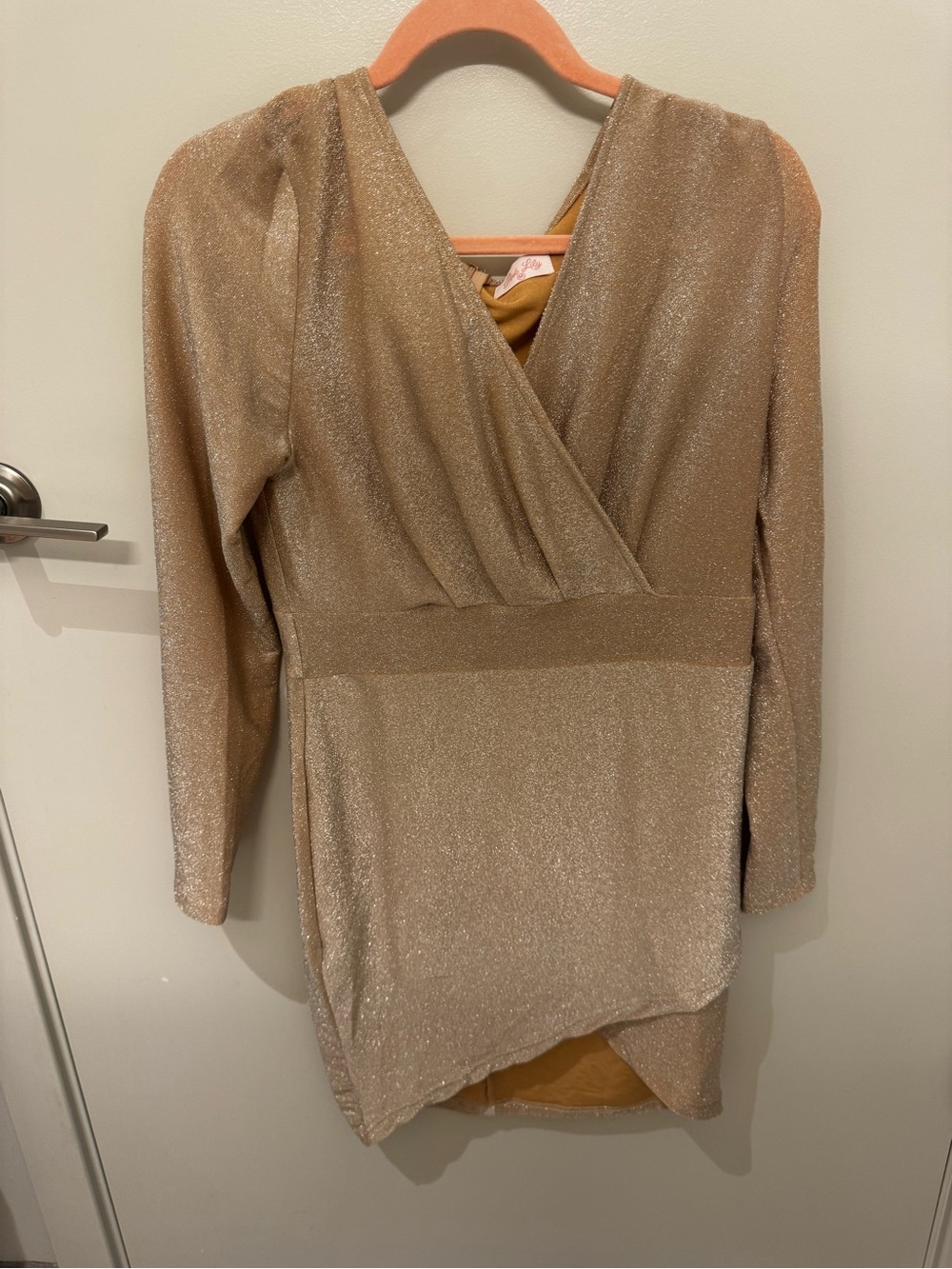 Pink Lily Shimmery Taupe Long-Sleeve Wrap Dress